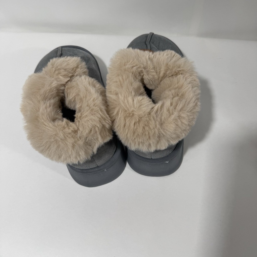 Cozy Gray Faux Fur Platform Slippers Soft‎ Plush Fleece House Shoes Lounge Mules
